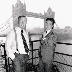 Sir Terence Conran and Stephen Bayley stood in front of Tower Bridge